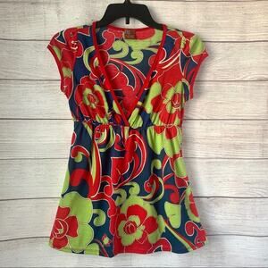 Chocolate Factory Retro Multi-Color Floral Paisley Blouse V-Neck Size Small